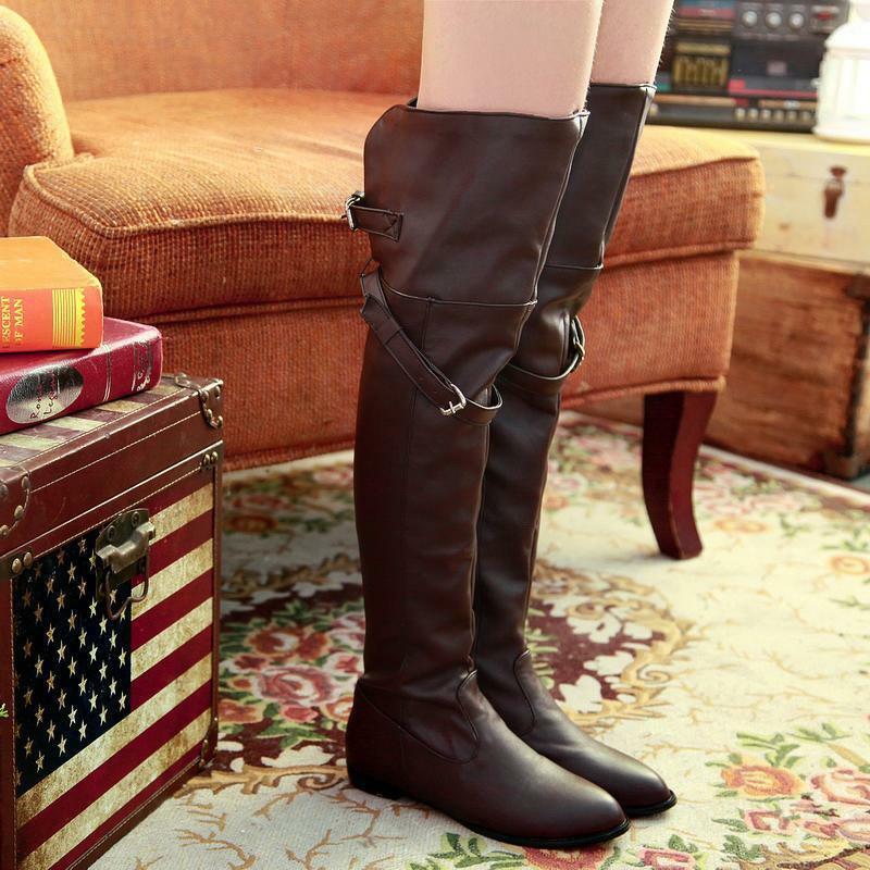 Women's Leather High Heel Knee Boots Buckle Flats Pull On boots Over the Shoes